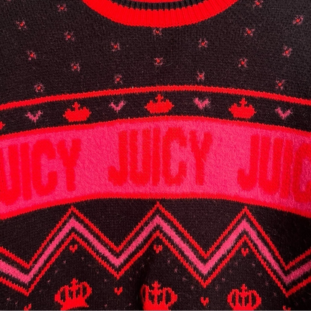 JUICY by Juicy Couture Fair Isle Crown Heart Red Pink Black Sweater Size Small - Picture 3 of 7